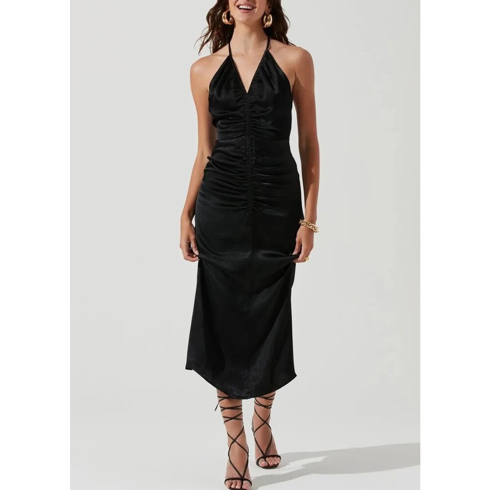 ASTR the Label Toledo Satin Halter‎ Ruched Open Back Midi Dress Black M